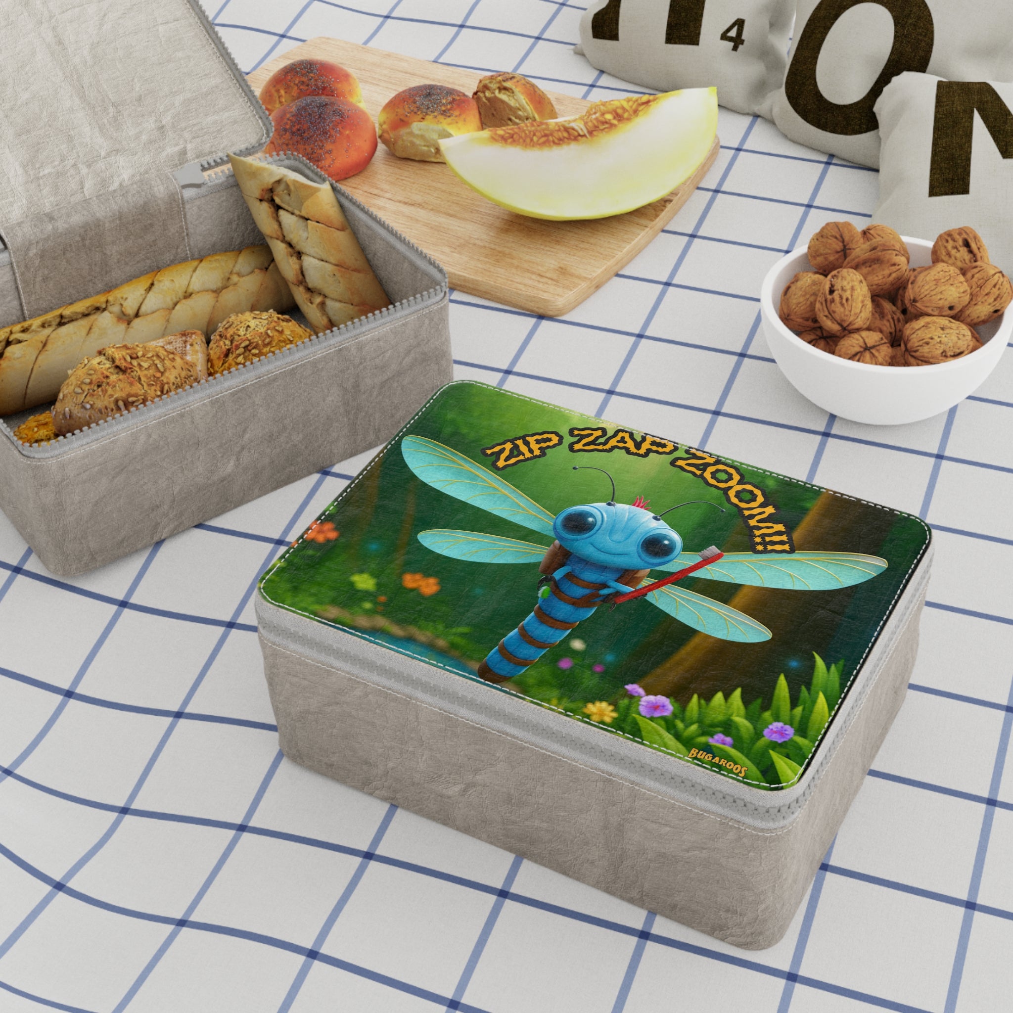 Paper Lunch Bag — Cute Blue Dragonfly "Zip Zap Zoom!" Kids Snack Bag