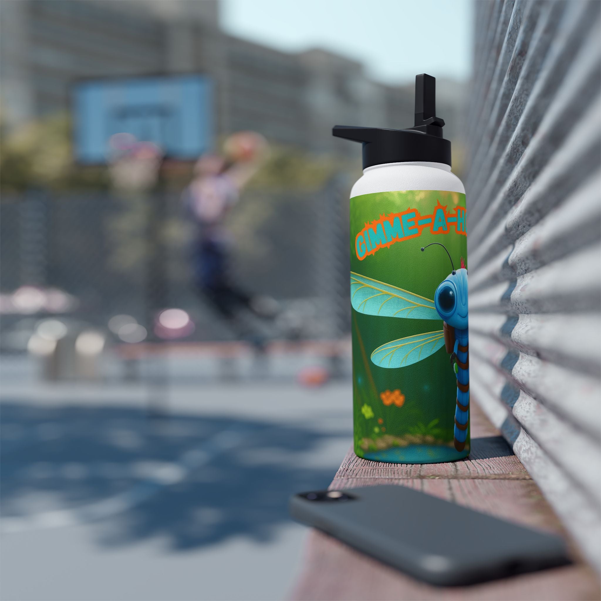 Dragonfly Kids Water Bottle — Cute Blue Dragonfly Design, 'Bee-a-Howl' Graphic Stainless Steel Bottle