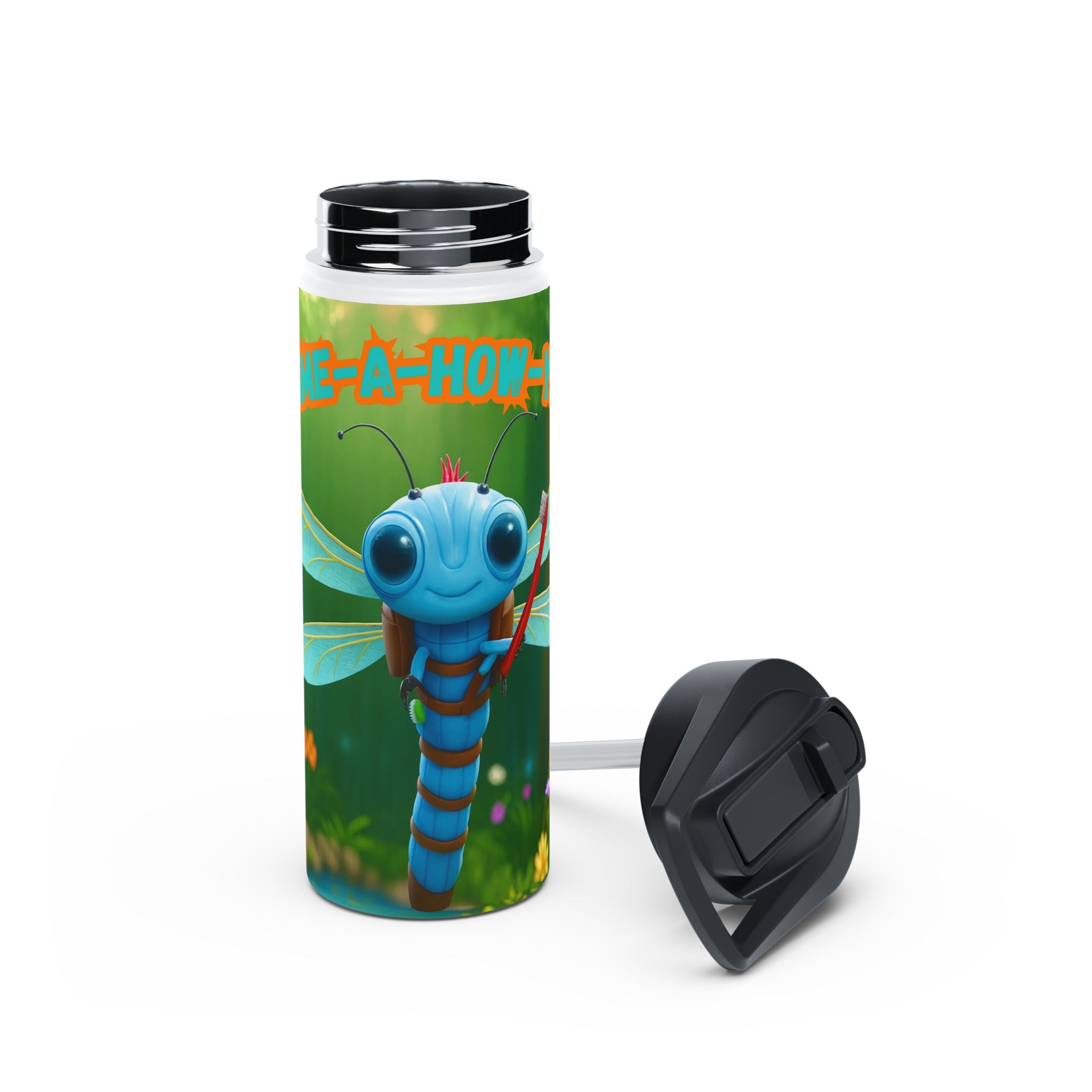 Dragonfly Kids Water Bottle — Cute Blue Dragonfly Design, 'Bee-a-Howl' Graphic Stainless Steel Bottle