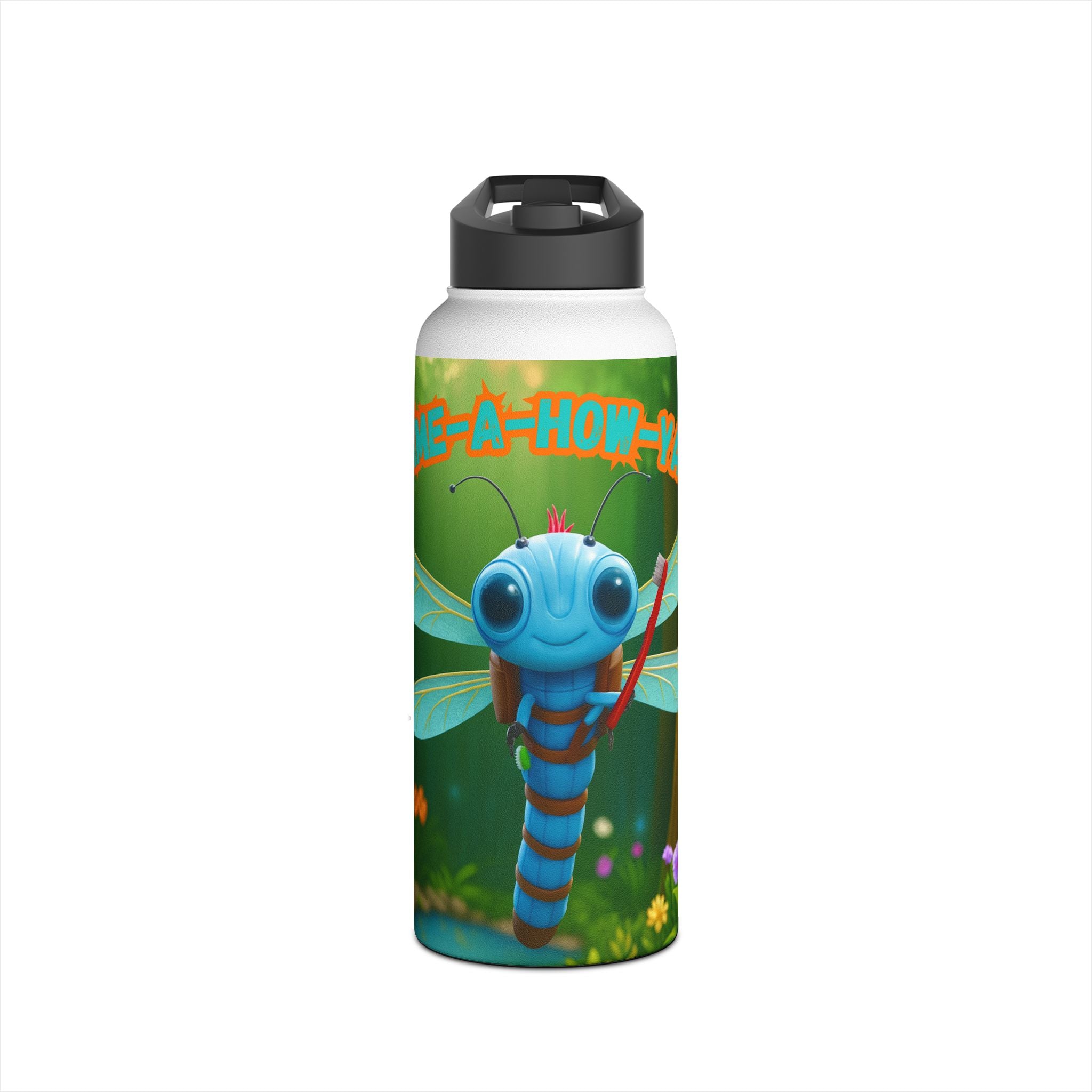 Dragonfly Kids Water Bottle — Cute Blue Dragonfly Design, 'Bee-a-Howl' Graphic Stainless Steel Bottle