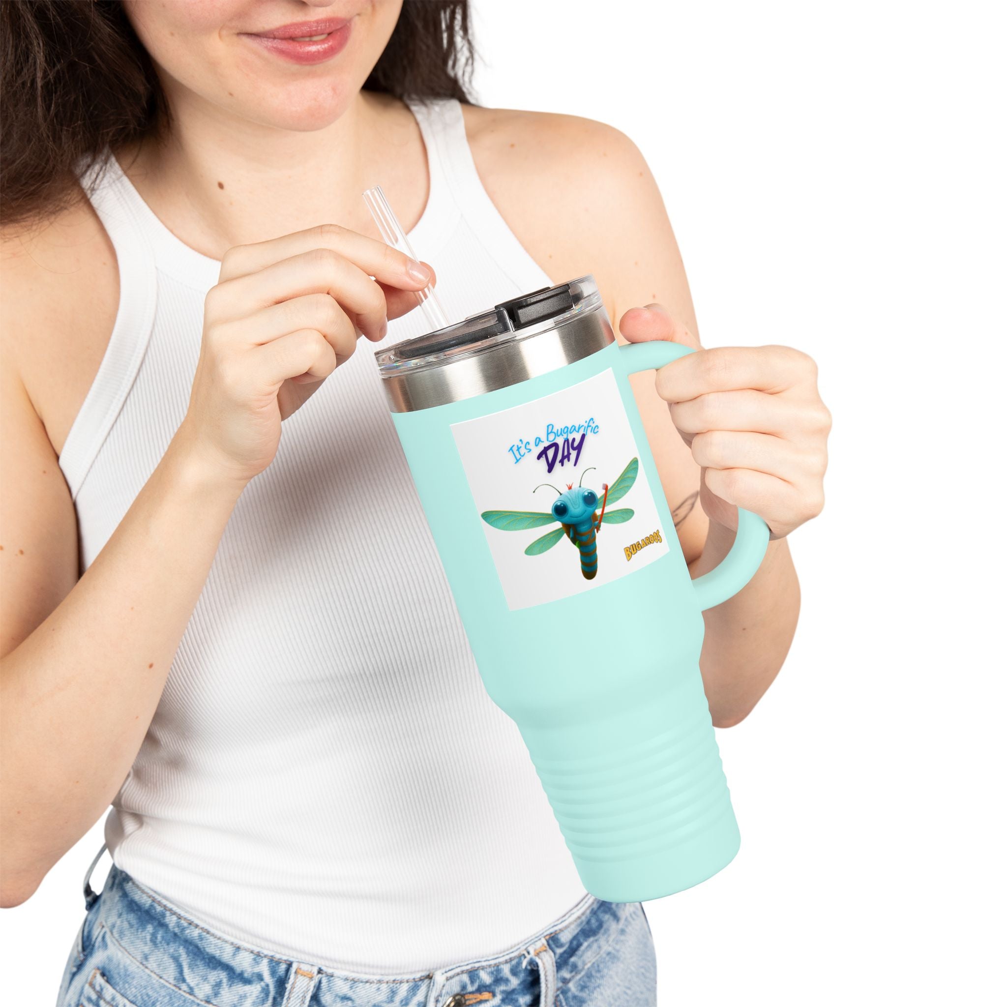 40oz Insulated Travel Mug — Cute Dragonfly “It’s a Beautiful Day” Design
