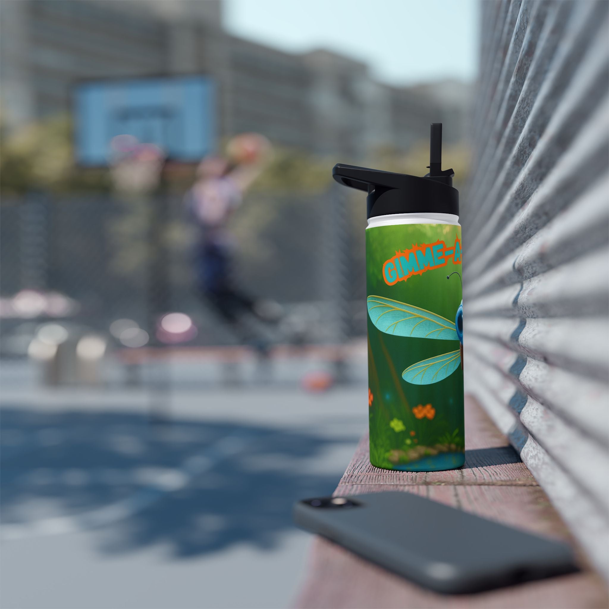 Dragonfly Kids Water Bottle — Cute Blue Dragonfly Design, 'Bee-a-Howl' Graphic Stainless Steel Bottle