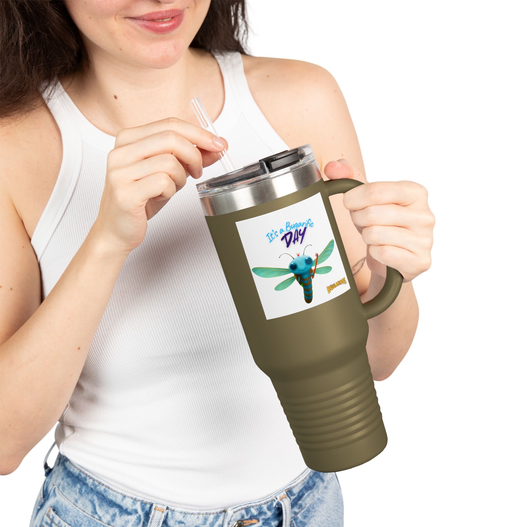 40oz Insulated Travel Mug — Cute Dragonfly “It’s a Beautiful Day” Design