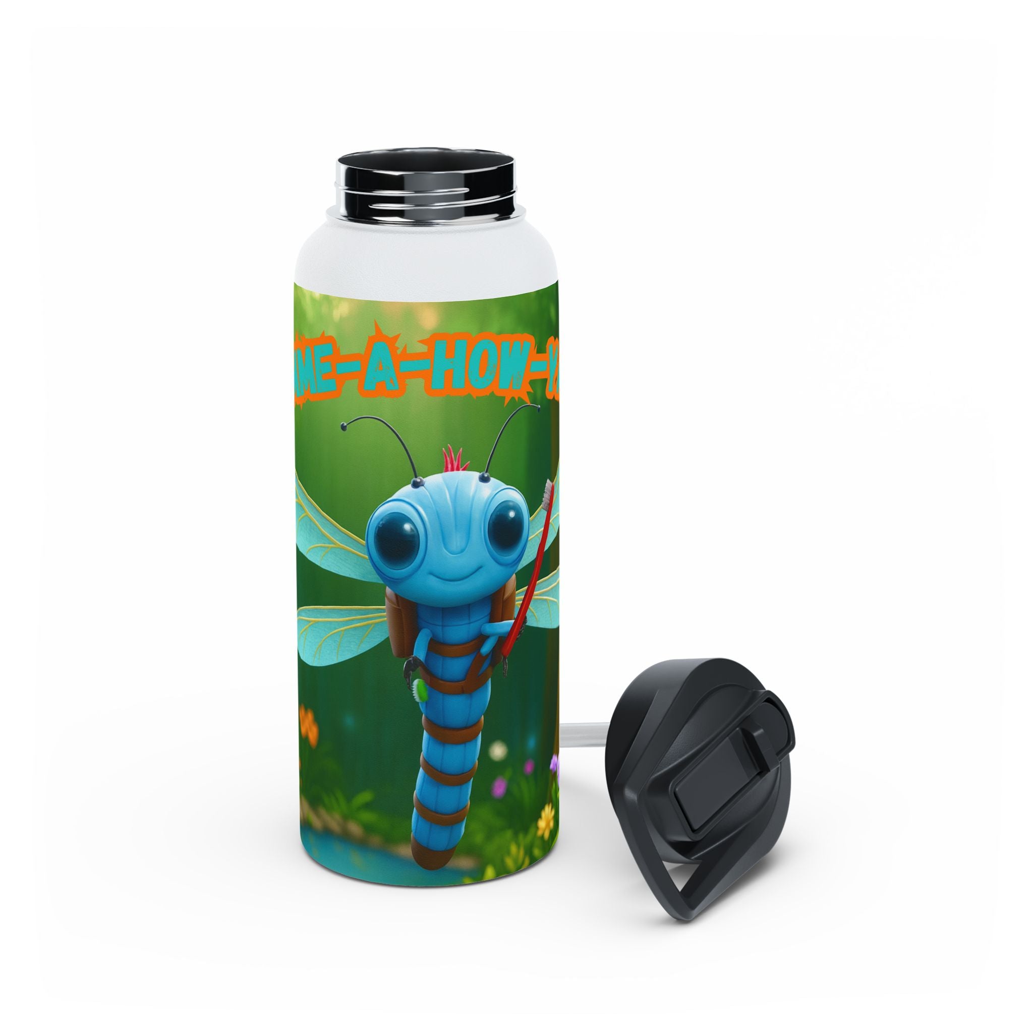 Dragonfly Kids Water Bottle — Cute Blue Dragonfly Design, 'Bee-a-Howl' Graphic Stainless Steel Bottle